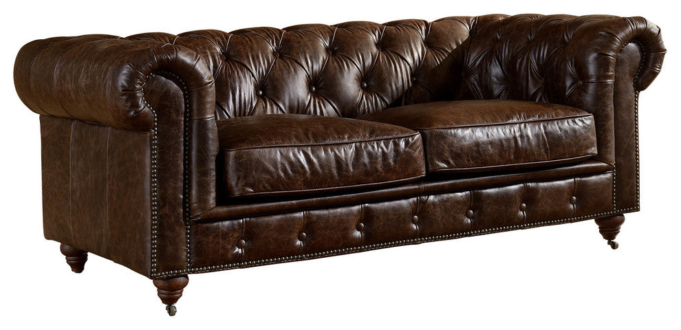 Leather Chesterfield Love Seat, Dark Brown