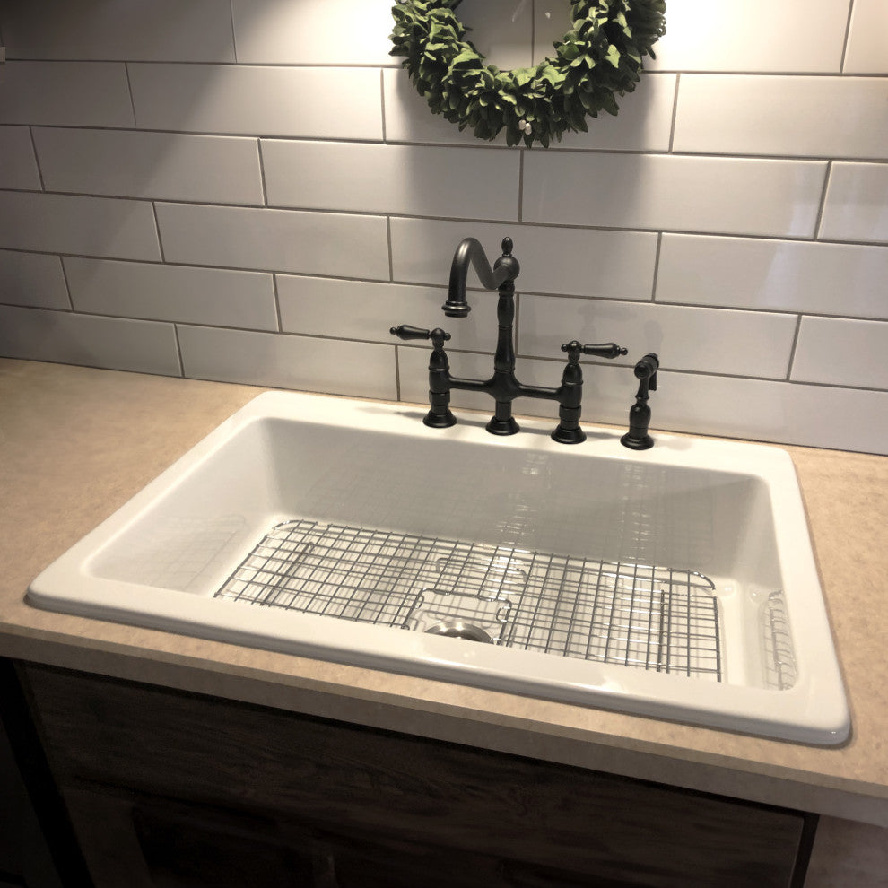 Jackson Crisp White Fireclay 33" Single Bowl Drop-In Kitchen Sink with 4 Holes