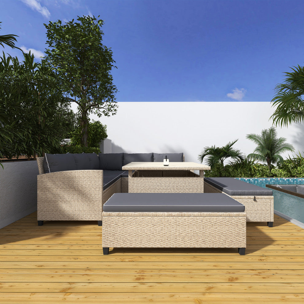 6 Pieces Outdoor Rattan Patio Sectional Sofa With Table and Benches