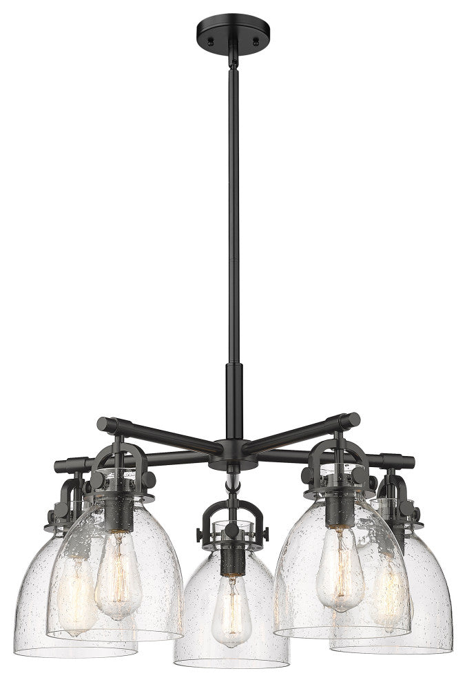 Newton Bell, 5 Light 7" Stem Hung Chandelier, Matte Black, Seedy Glass