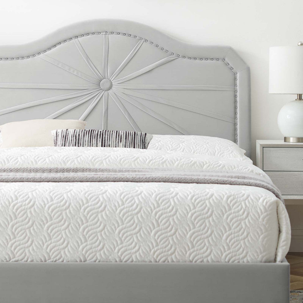 Platform Bed Frame, King Size, Velvet, Light Gray, Modern Contemporary