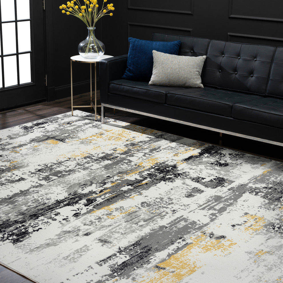 Gerhart Contemporary Abstract Yellow/Gray Rectangle Area Rug, 5'3''x7'3''
