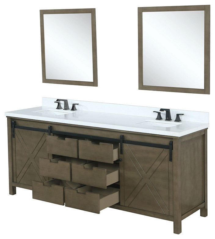 Marsyas 84" Double Vanity, White Square Sinks, 34" Mirrors, Rustic Brown