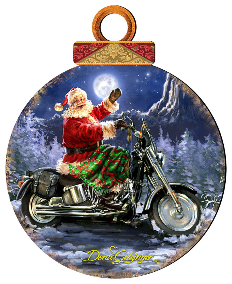 Santa Motorcycle Rider Wooden Ornament by Dona Gelsinger