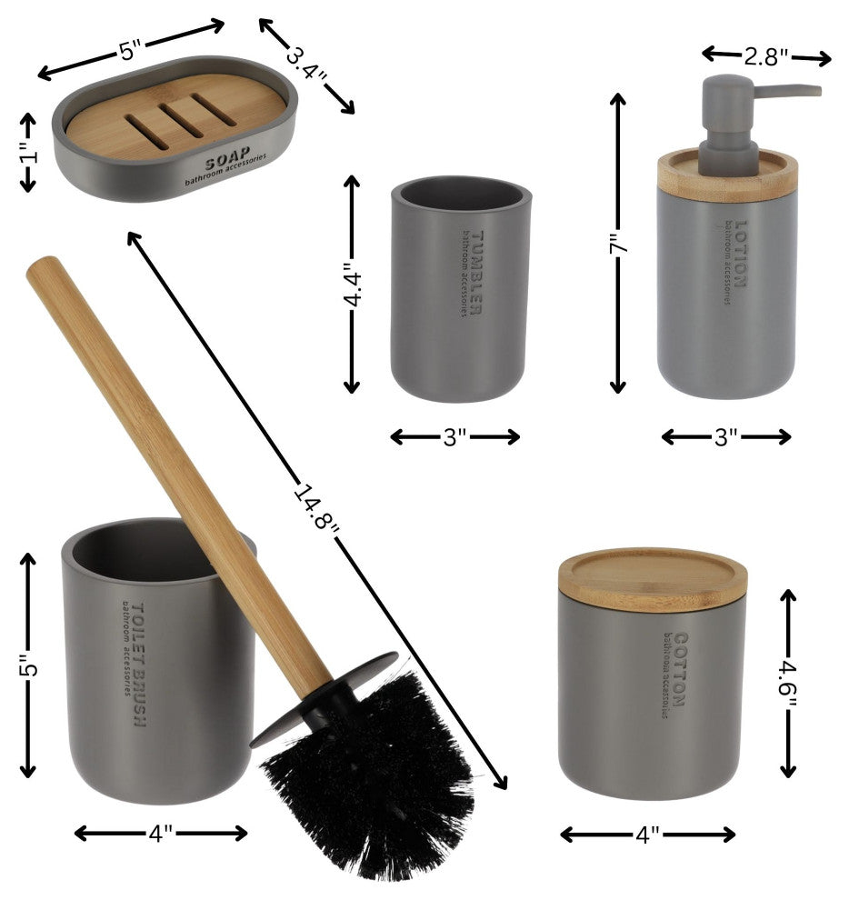 Bathroom Accessories with Natural Accents, Gray, Full Set 5 Pieces