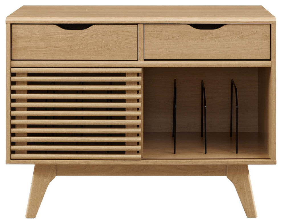 Vinyl Record Side Table Cabinet Stand, Brown Oak, Wood, Modern Lounge Cafe