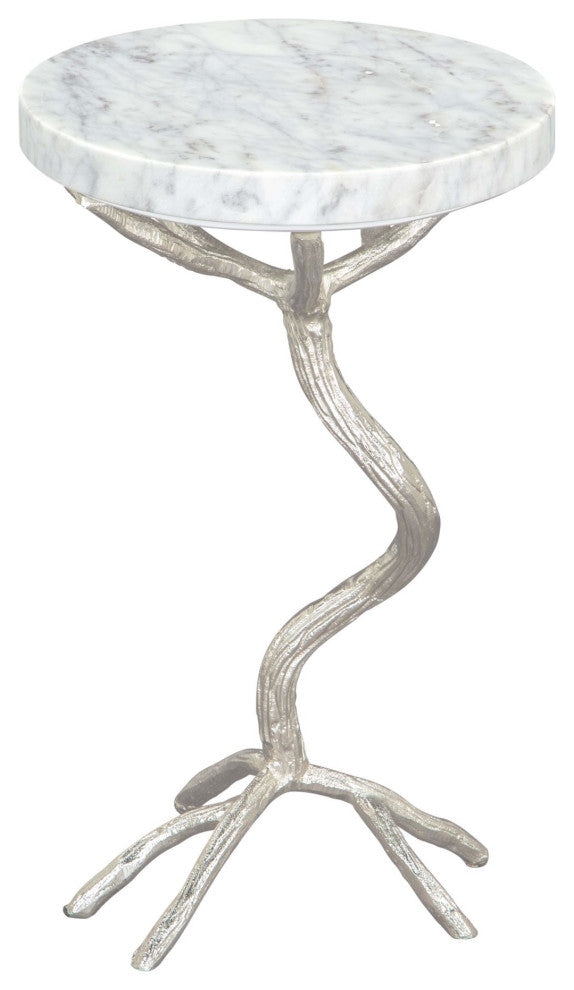 Sofa Side Table, Round, Artificial Marble, Aluminum Metal, White, Silver