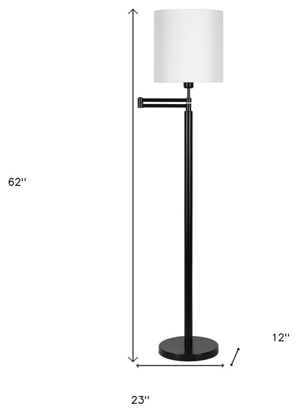 62" Black Swing Arm Floor Lamp With White Frosted Glass Drum Shade