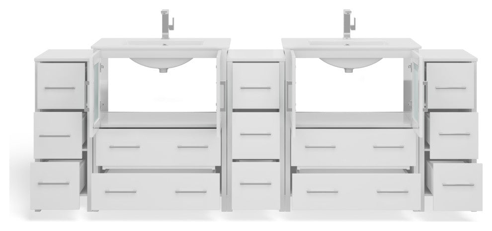 The Pullman Bathroom Vanity, White, 96", Double Sink, Freestanding