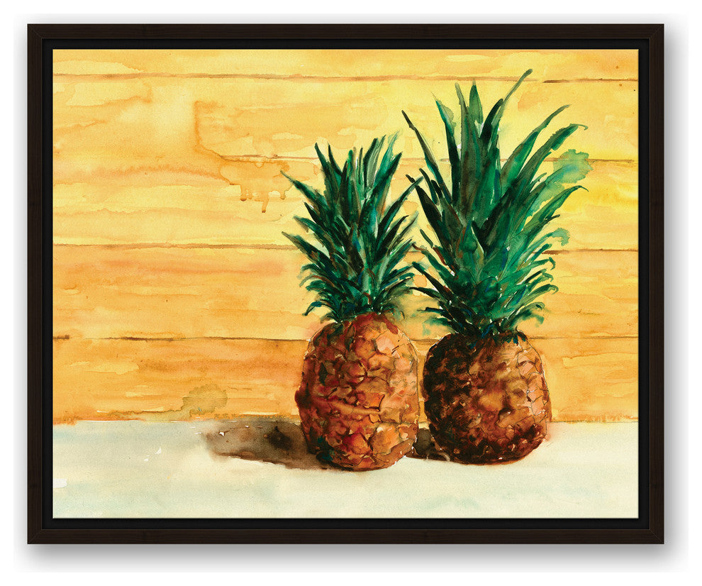 Tropical Beached Pineapple Pair  16x20 Walnut Floating Framed Canvas