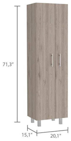 Tall Pantry Cabinet, 2 Doors With Silver Knobs & Inner Shelves, Light Grey/White