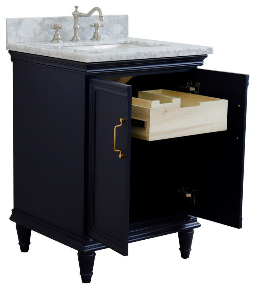 25" Single Vanity, Blue Finish With White Carrara And Rectangle Sink