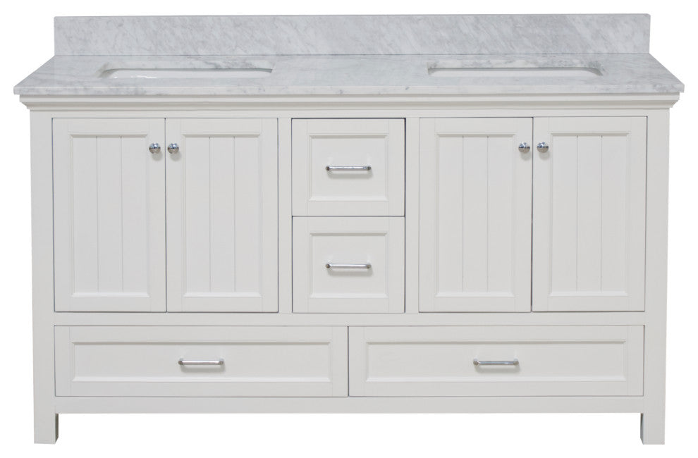 Paige 60" Bathroom Vanity, White, Carrara Marble, Double Sink