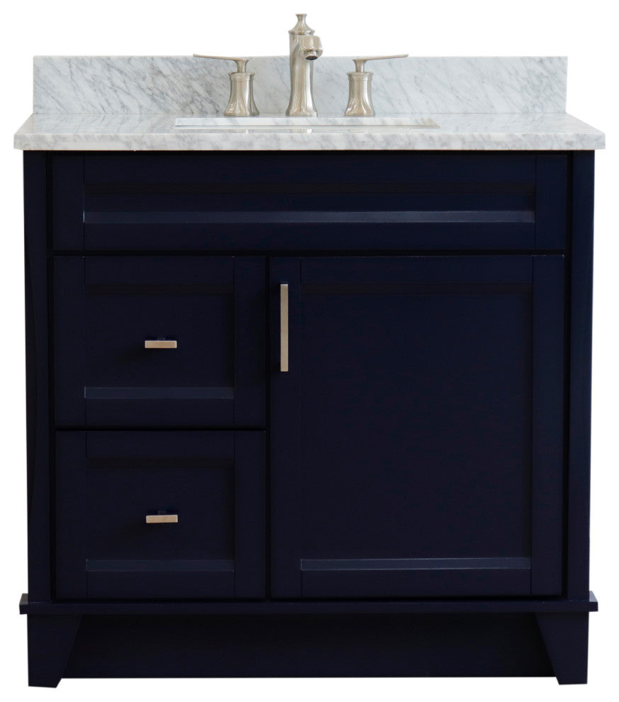 37" Single Sink Vanity, Blue Finish With White Carrara Marble