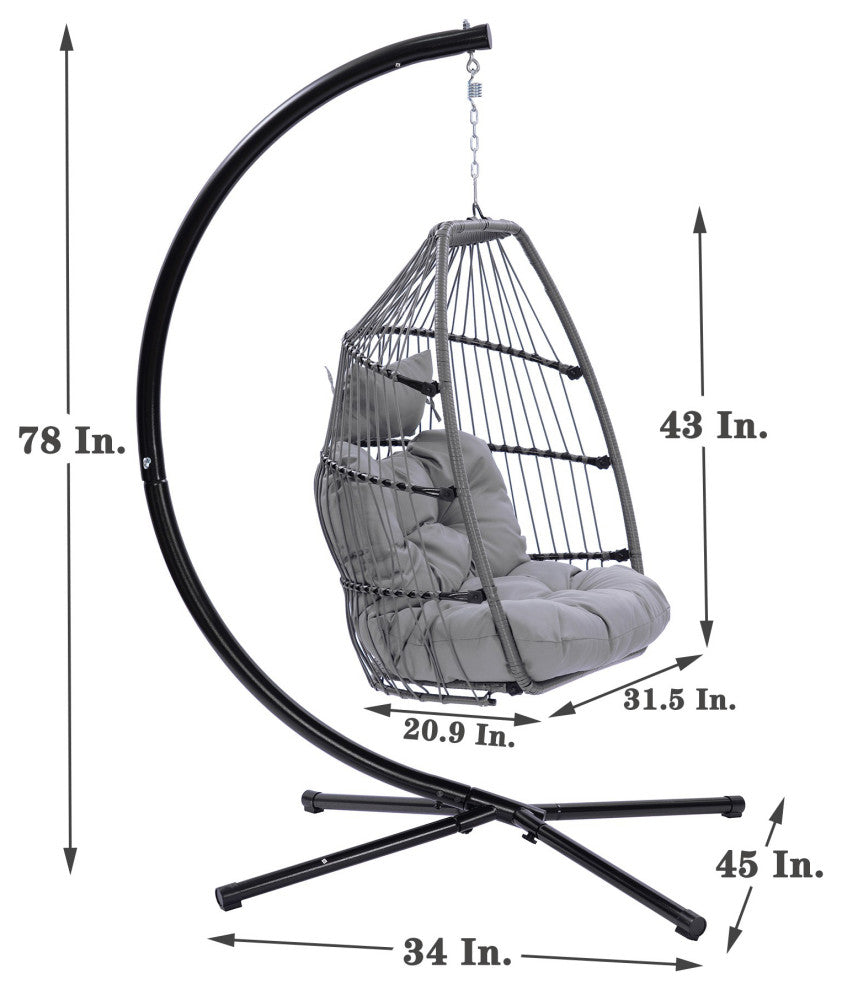 Outdoor Patio Wicker Folding Swing Chair Hanging With Bracket and Cushion Pillow