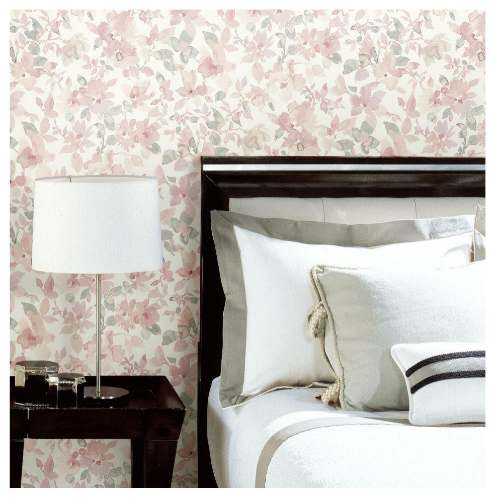 Watercolor Floral Peel and Stick Wallpaper, Pink and Green
