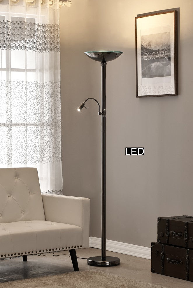 Saturn II 71" Torchiere Lamp w/ Reading Light, Touch Dimmer, Black Brushed Steel