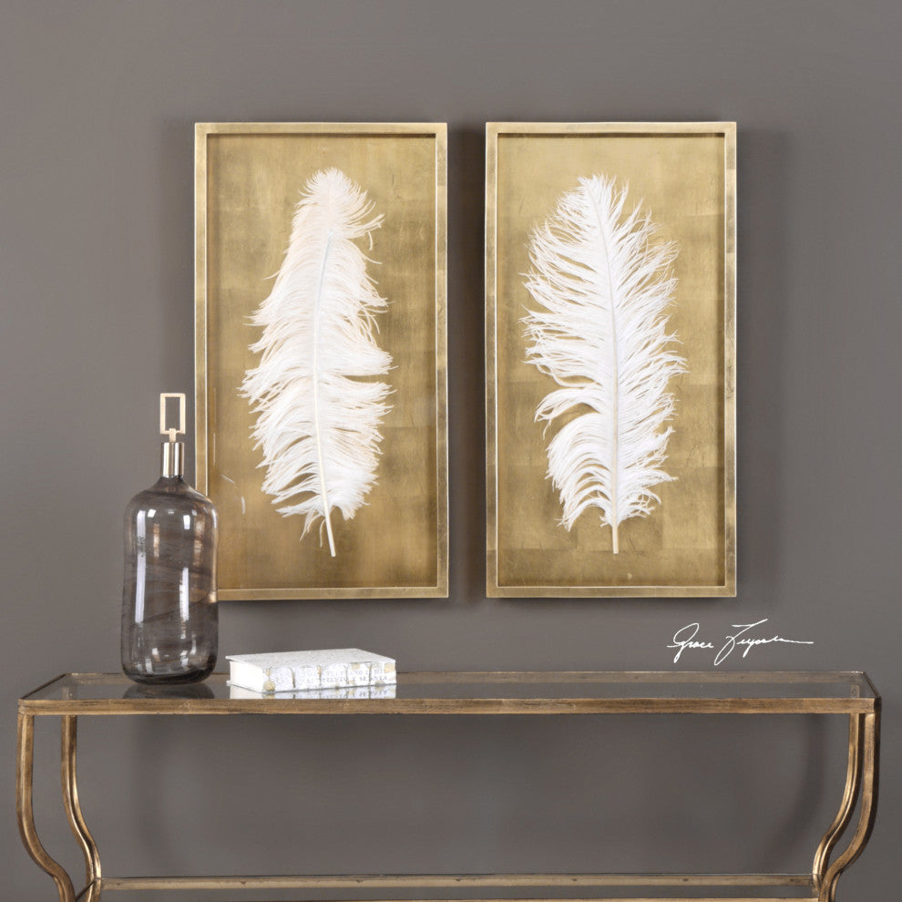 Uttermost 04057 White Feathers Two Piece Shadow Box Set by Grace - Rich Gold