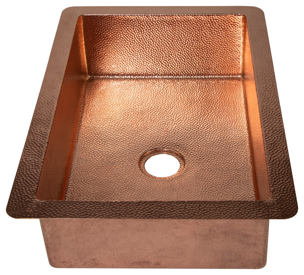 33" Drop-in Single Bowl Hammered Copper Kitchen Sink, 16 Gauge