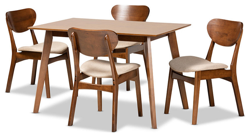 Kobell Mid-Century Modern Sand Fabric and Walnut Wood 5-Piece Dining Set