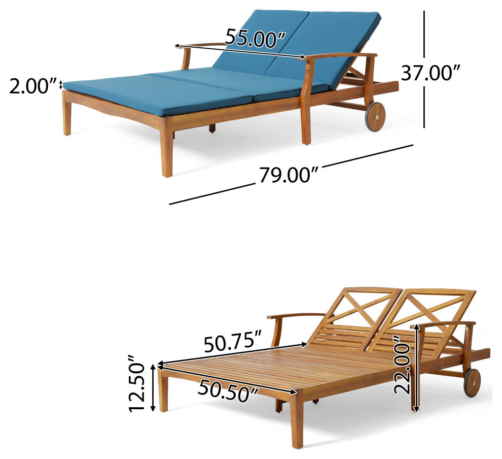 GDF Studio Samantha Outdoor Acacia Wood Double Chaise Lounge, Teak Finish/Blue