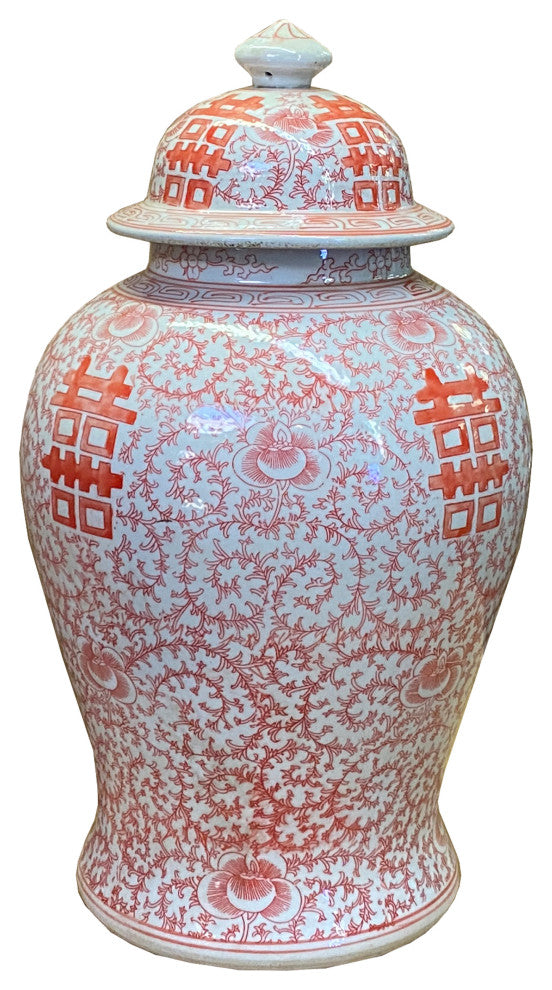Chinese Coral Pink Red White Double Happiness Large Temple Jar Hcs7416