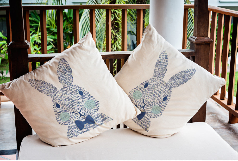Monochrome Bunny Easter Indoor/Outdoor Throw Pillow, Dark Cobalt Blue, 18x18"