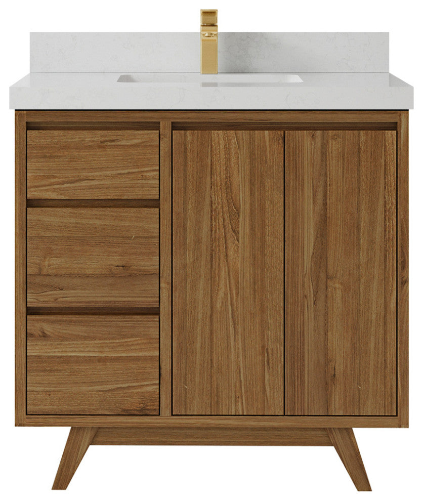 Madison Teak 36 Center Sink Bath Vanity in Dark Natural 2" Carrara Quartz