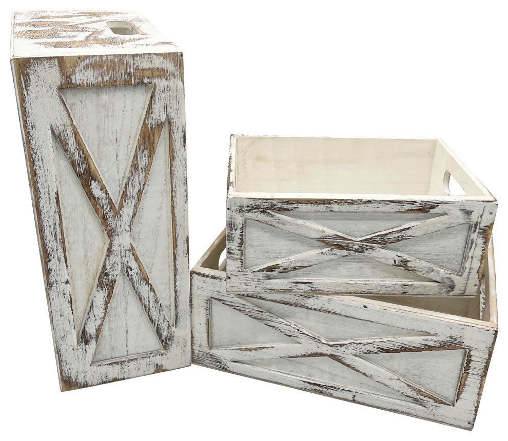Rustic Nesting Wooden Crates Storage Container, Barn Door, White