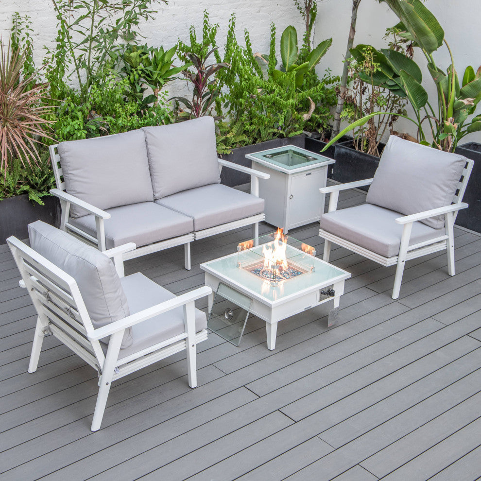 LeisureMod Walbrooke Patio Conversation Set With Fire Pit Table, Light Grey