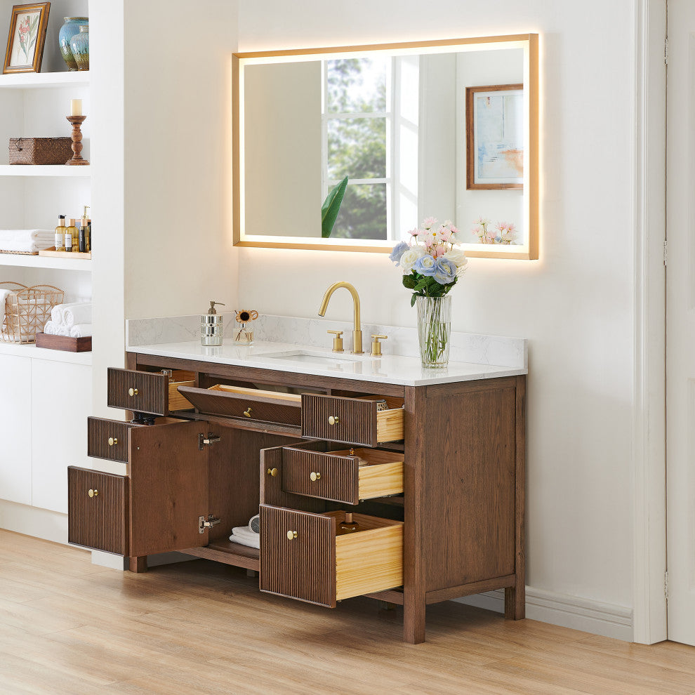 Cerrito Bathroom Vanity, Brown Brushed Oak, 60" Single, With Mirror