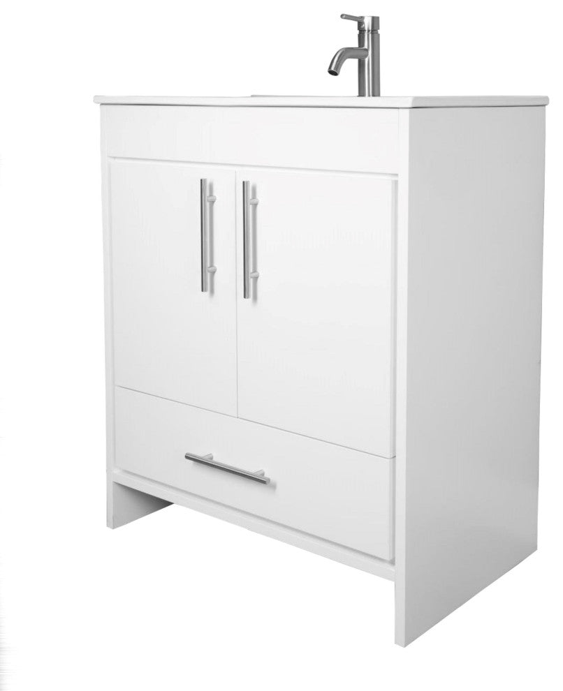 Pacific 30" Vanity With Integrated Ceramic Top and Brushed Nickel Handles, Gloss