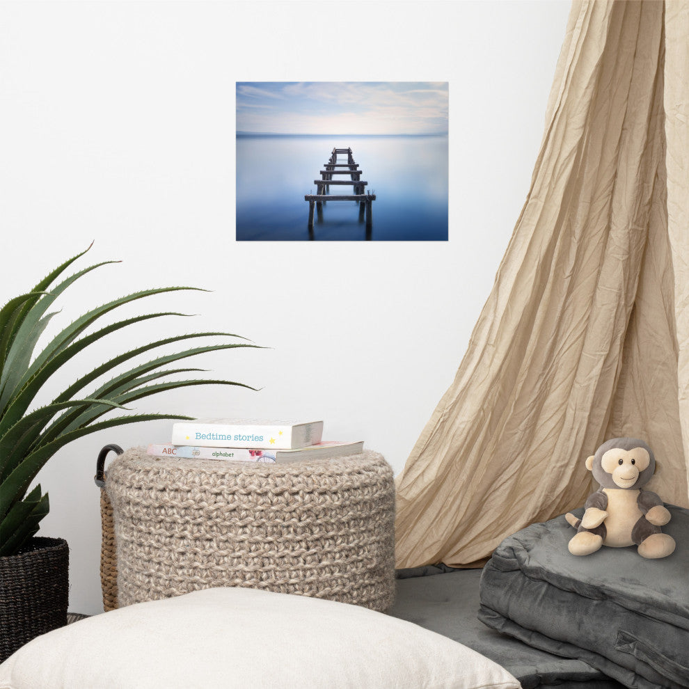 Soft Blue Lake and Abandoned Pier Landscape Photo Loose Wall Art Prints, 12" X 16"