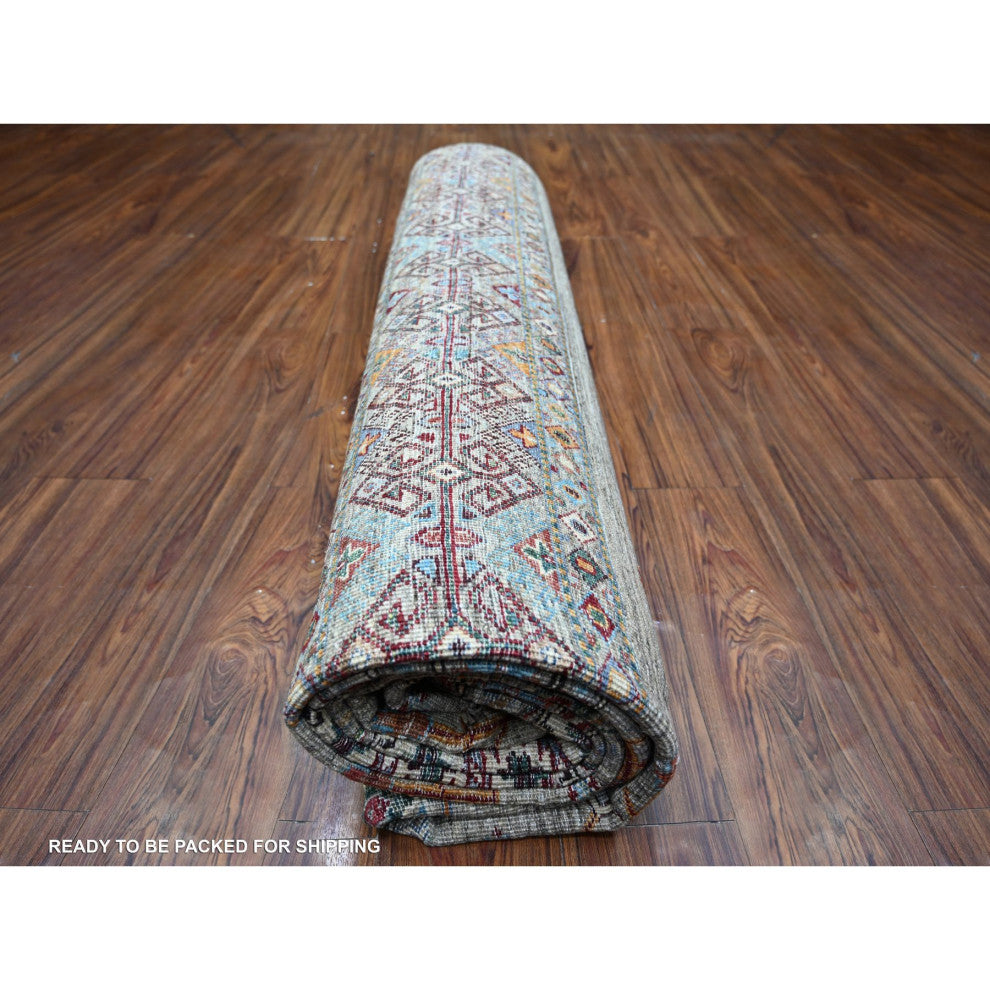 Sage Gray Afghan Super Kazak Hand Knotted Shiny Wool Oriental Rug, 8'6"x11'8"