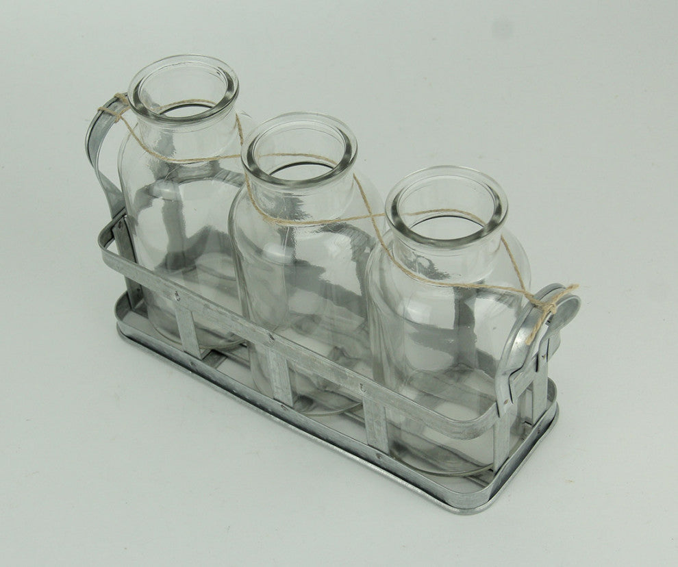 3 Clear Glass Milk Bottles, Rustic Metal Tray
