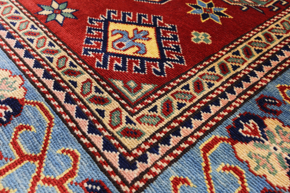4' 2" X 5' 11" Super Kazak Hand Knotted Geometric Rug Q10624