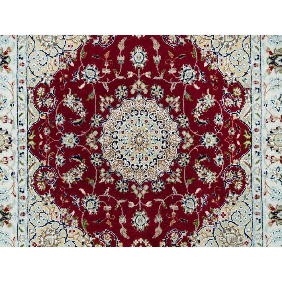 Burgundy Red, Hand Knotted, Nain Design, 250 KPSI Wool Square Rug, 4'1"x4'1"
