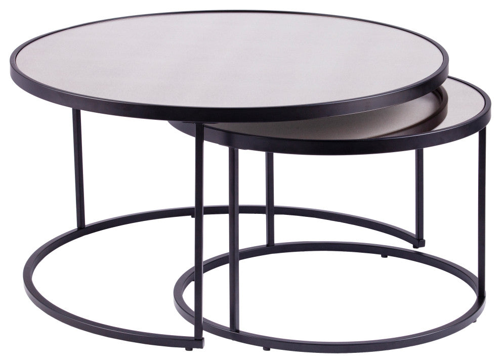 Donabbey Round Nestng Cocktail Tables 2pc Set, Antique Mirror and Black