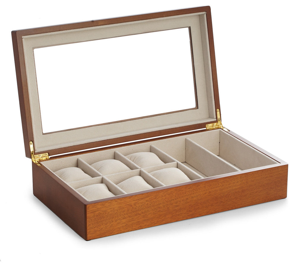 Cherry Wood 6 Watch and 2 Sunglass Storage Box