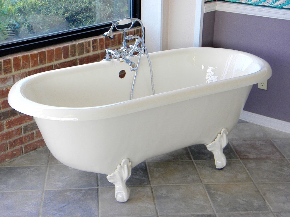 Marquis Biscuit Double Clawfoot Tub With Chrome Feet, Drilled Rim Faucets