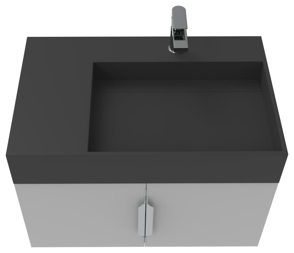 CastelloUSA Amazon 30" Right Wall Mounted Bathroom Vanity Set, Gray, Black Top, Chrome Handles