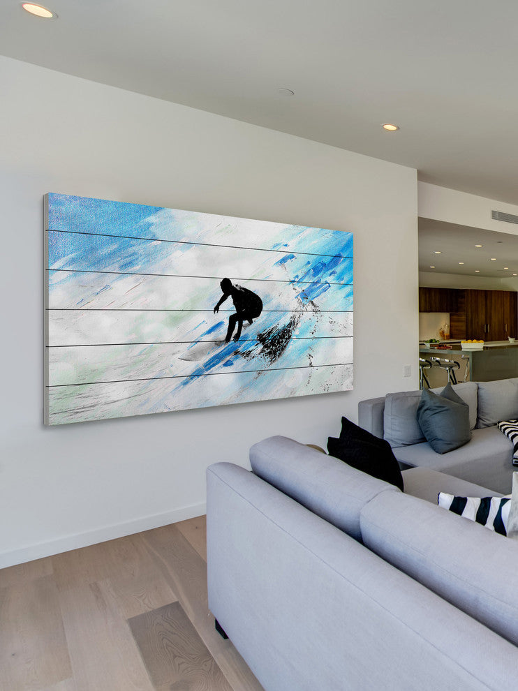 "White Surf Riding" Painting Print on White Wood, 40"x20"