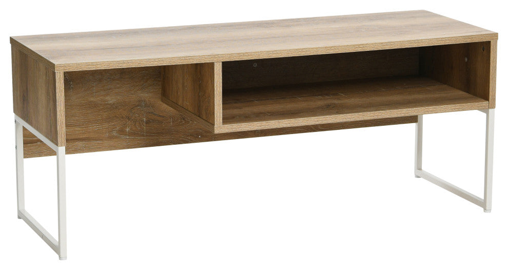 Wrap TV Stand, Rectangular Storage Compartment Coastal Oak Rustic, White Metal