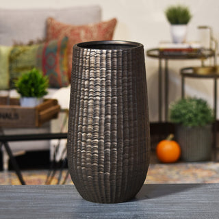 Cylindrical Vase, Engraved Zigzags, Tapered Bottom, Bronze, Large