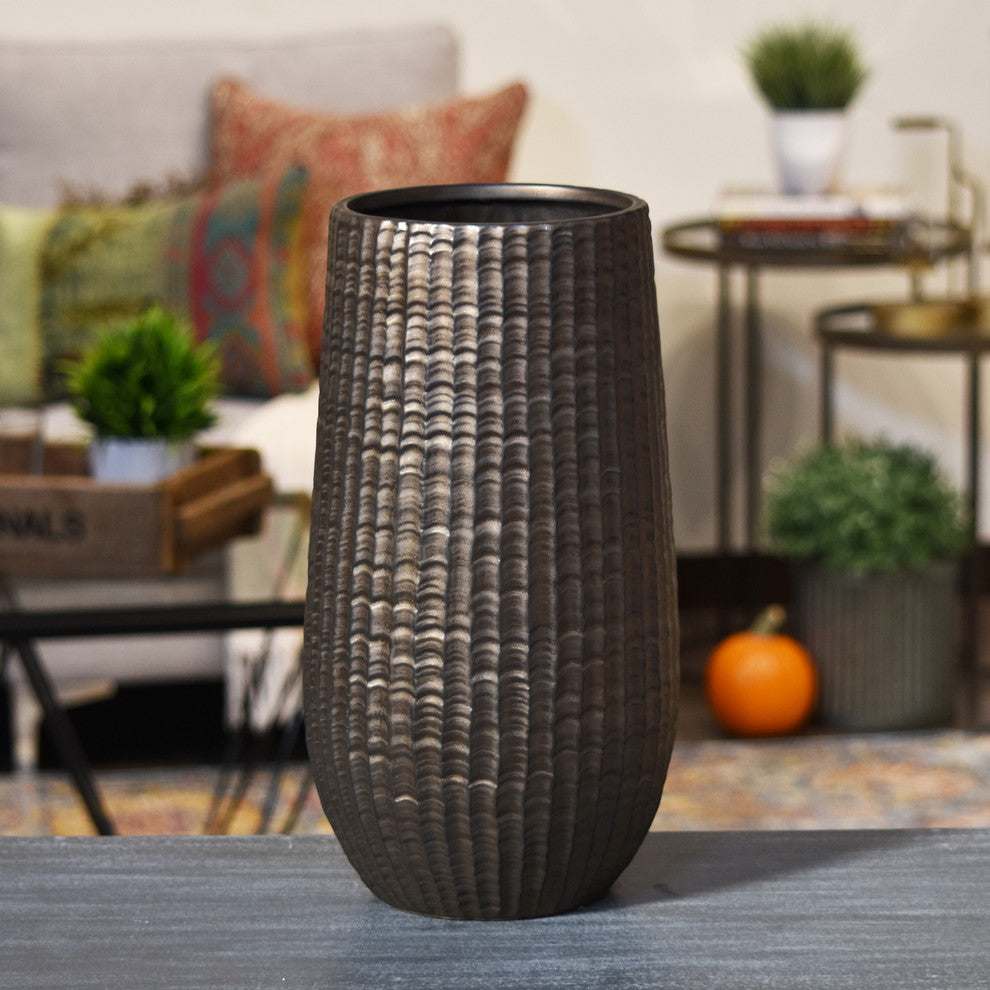 Cylindrical Vase, Engraved Zigzags, Tapered Bottom, Bronze, Large