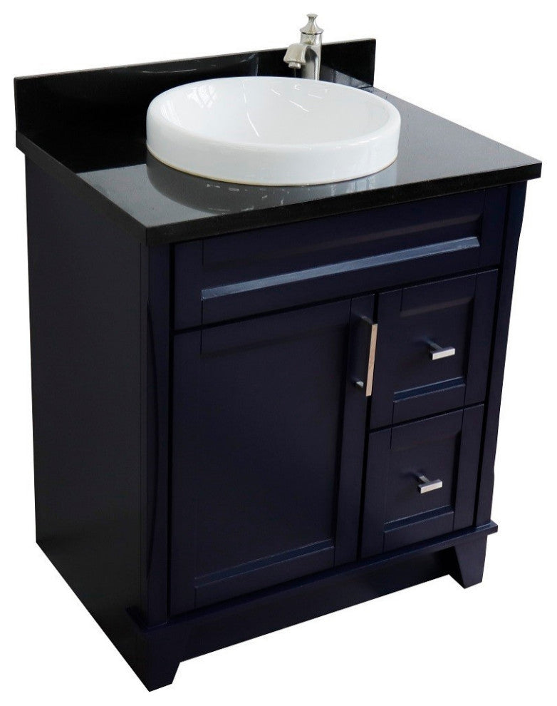 31" Single Sink Vanity, Blue Finish With Black Galaxy Granite With Round Sink