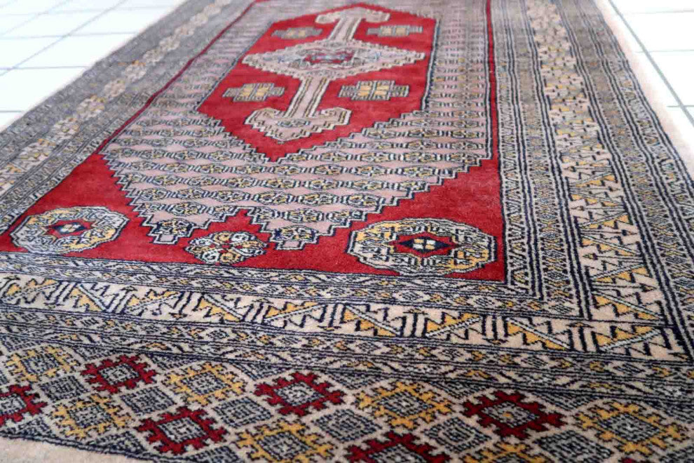 Handmade Vintage Uzbek Bukhara Rug 3.2'x5.1', 98cmx156cm, 1970s
