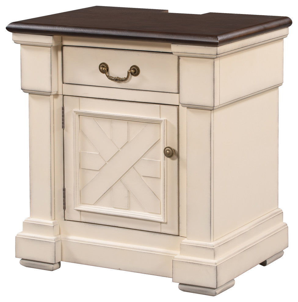1 Drawer Wood Nightstand with USB Ports, Antique White