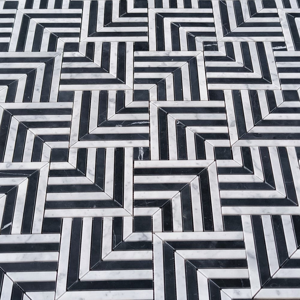 Carrara White Nero Marquina Black Marble Maze Square Weave Mosaic Tile, 1 sheet