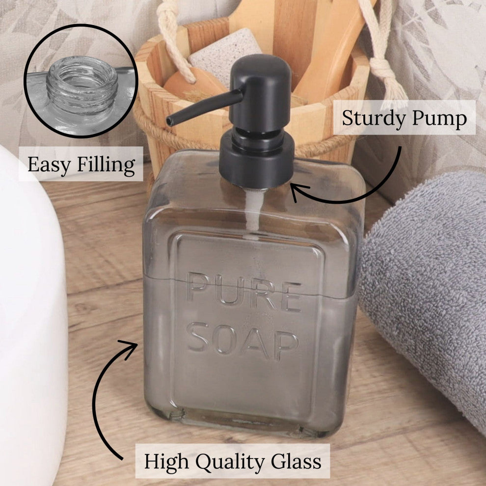 Vintage-Style Glass Soap Dispenser with PURE SOAP Design - 18 fl oz, Smoked